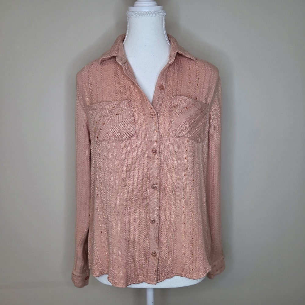 En Creme Pink Textured Button Up Shirt 100% Viscose Boho Gauze Blouse Size S